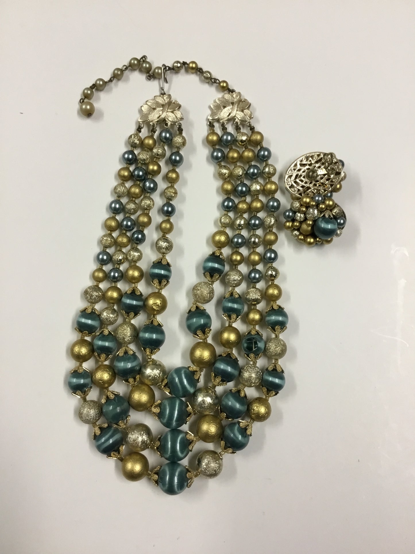 Vintage Mid-Century Japan Four Strand Cocktail Satin Blue & Gold Necklace and Clip Earring Set