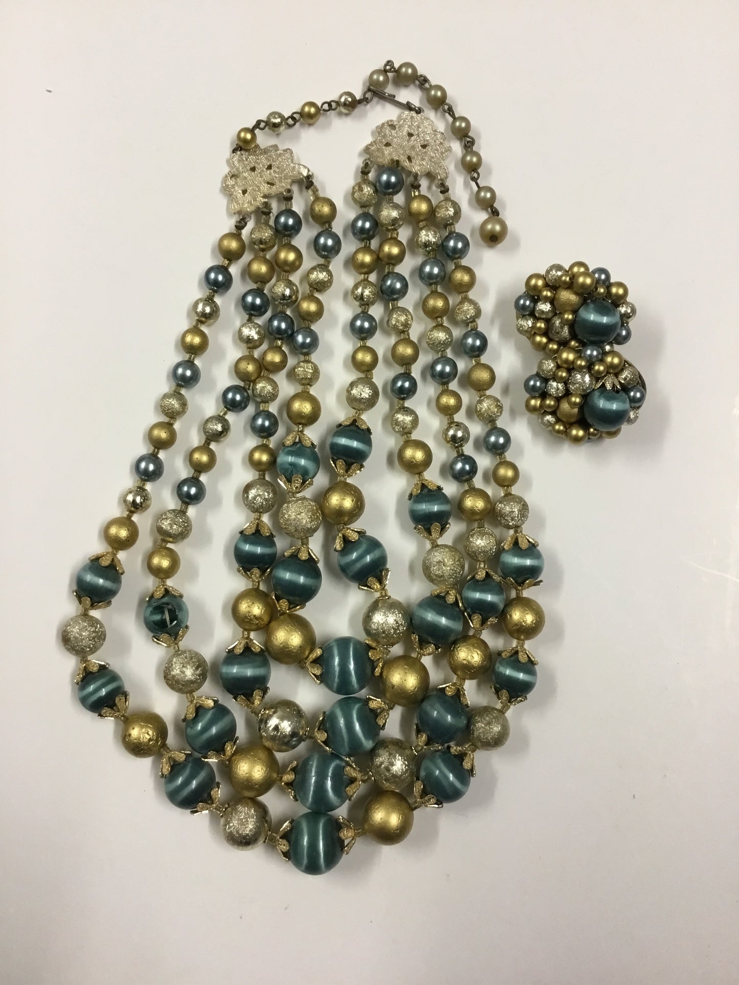 Vintage Mid-Century Japan Four Strand Cocktail Satin Blue & Gold Necklace and Clip Earring Set