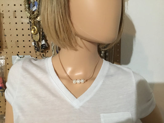 Triple White Pearl Necklace,, #2 Natural Leather Cord