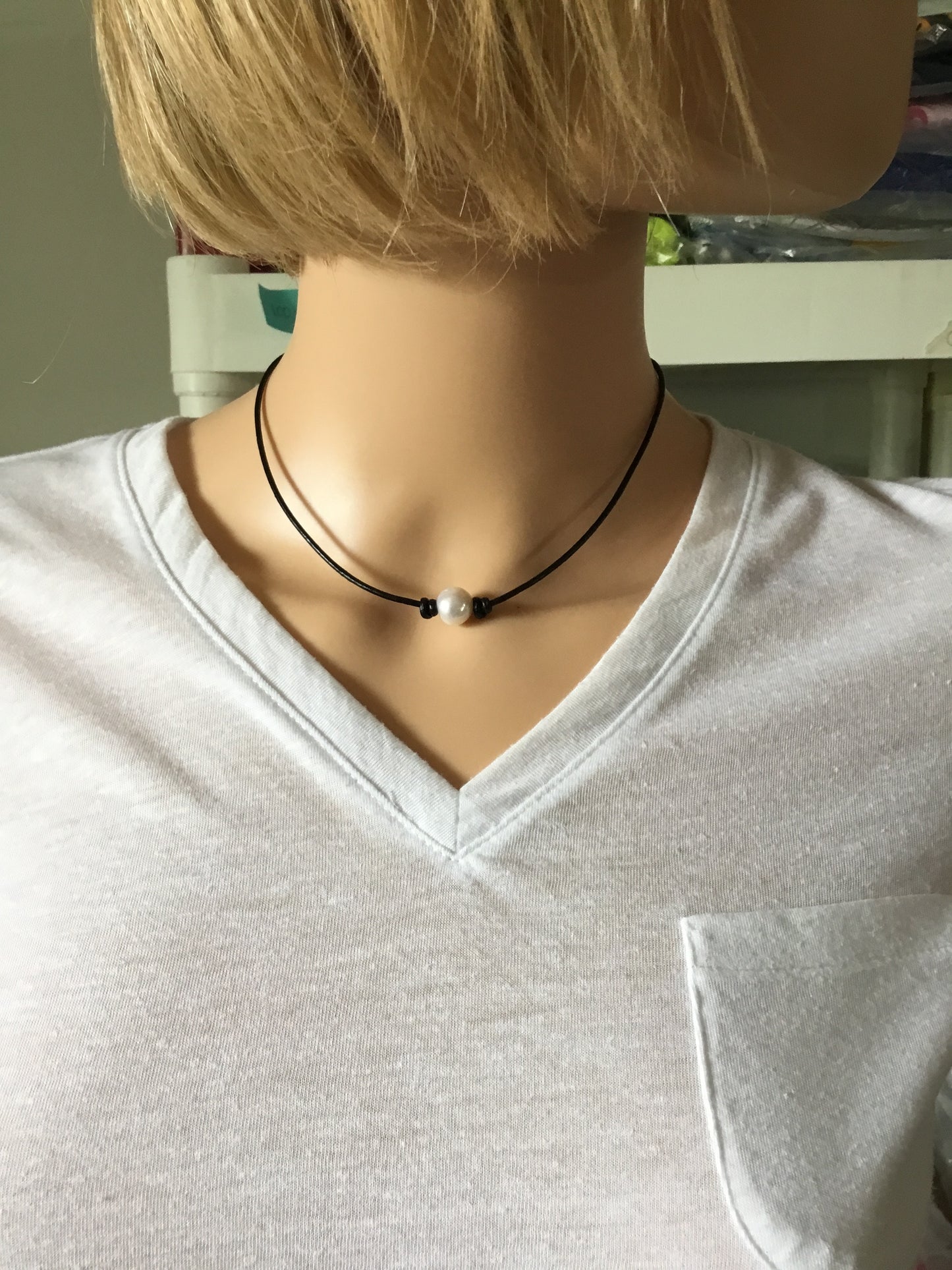 Single White Pearl Necklace , #5 Natural Black Leather Cord