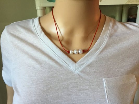 Triple White Pearl Necklace, #15 Red Leather Cord