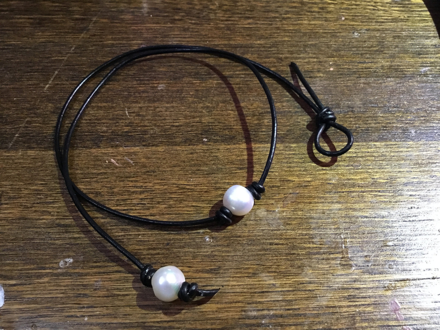 Single White Pearl Necklace , #5 Natural Black Leather Cord