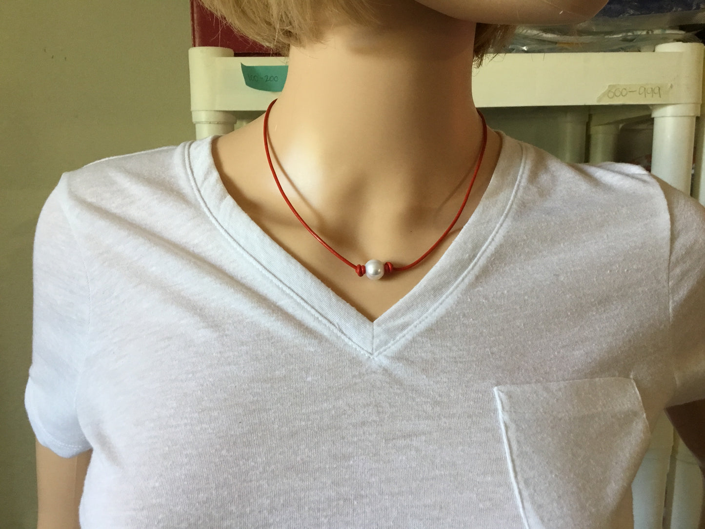 Single White Pearl Necklace, #15 Red Leather Cord