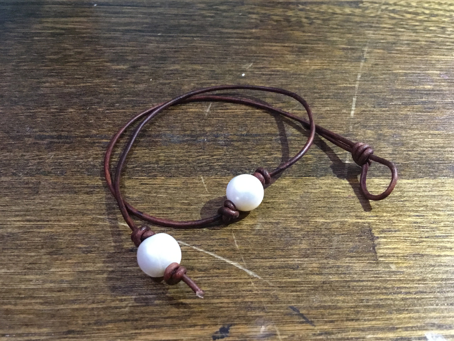 Single White Pearl Necklace, #7  Natural Antique Brown Leather Cord