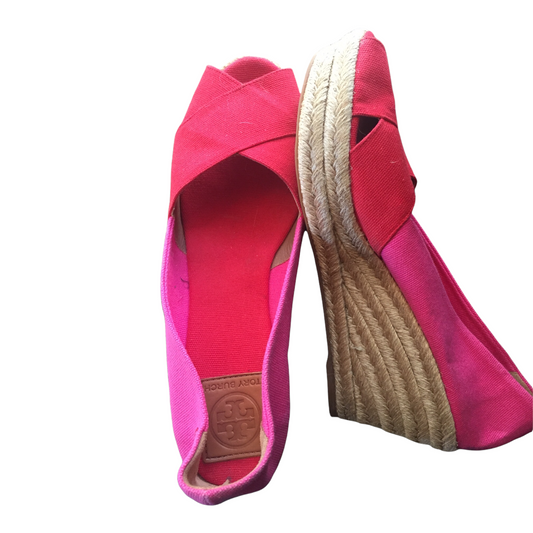 Tory Burch Red/Pink Canvas Espadrilles Wedges Sandals