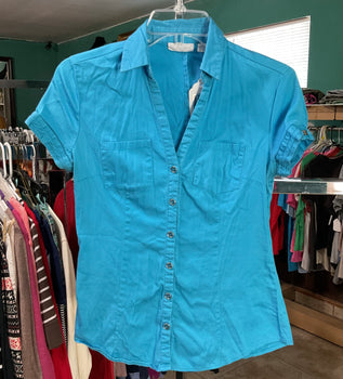 New York & Company Stretch Ocean Blue Fitted Women’s Blouse Size S