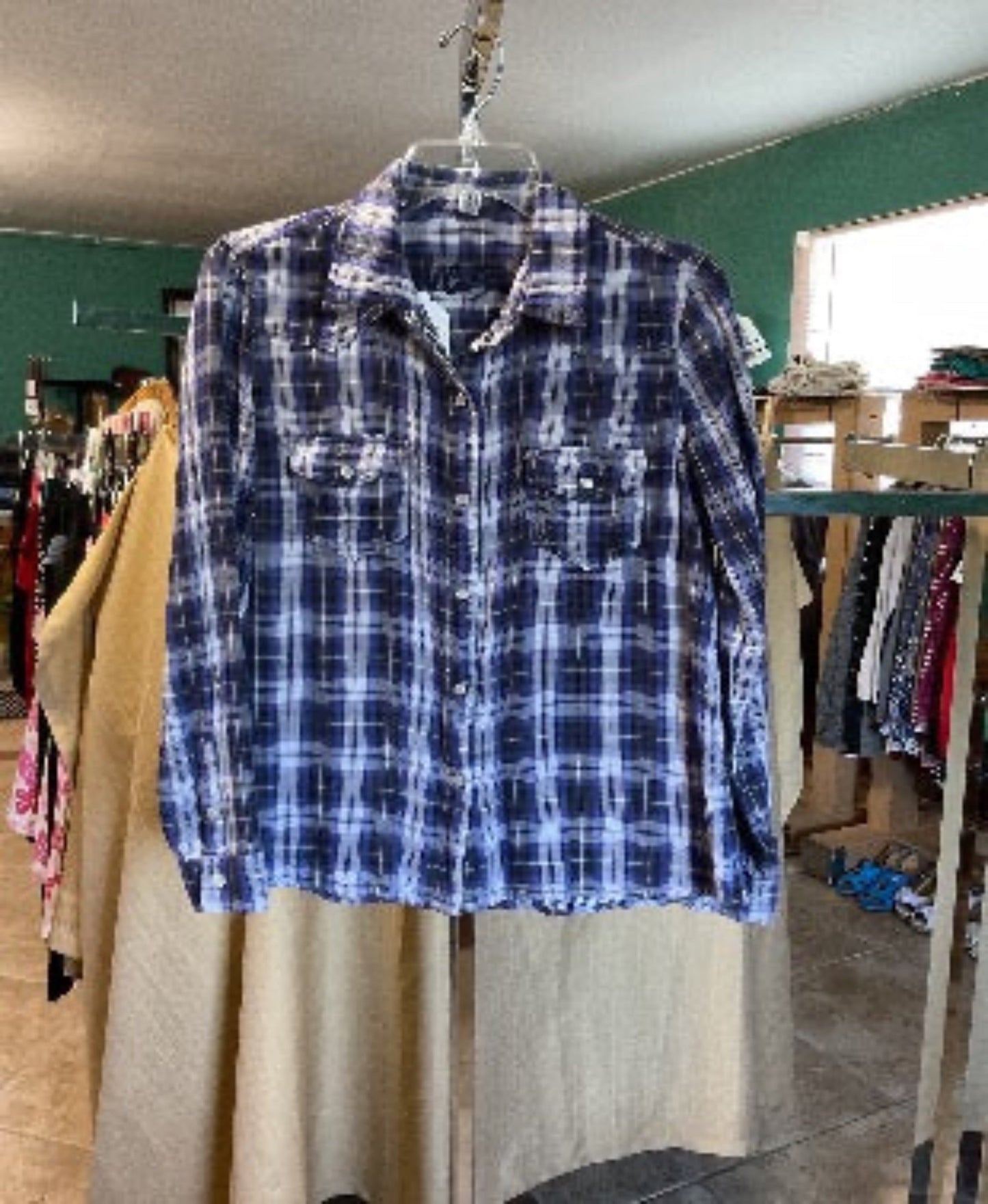 Vanilla Star Women’s Double Fabric Button Down Plaid  Shirt Size L