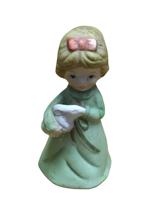 Vintage Bisque Figurine Bell Girl Holding a White Rabbit 4”